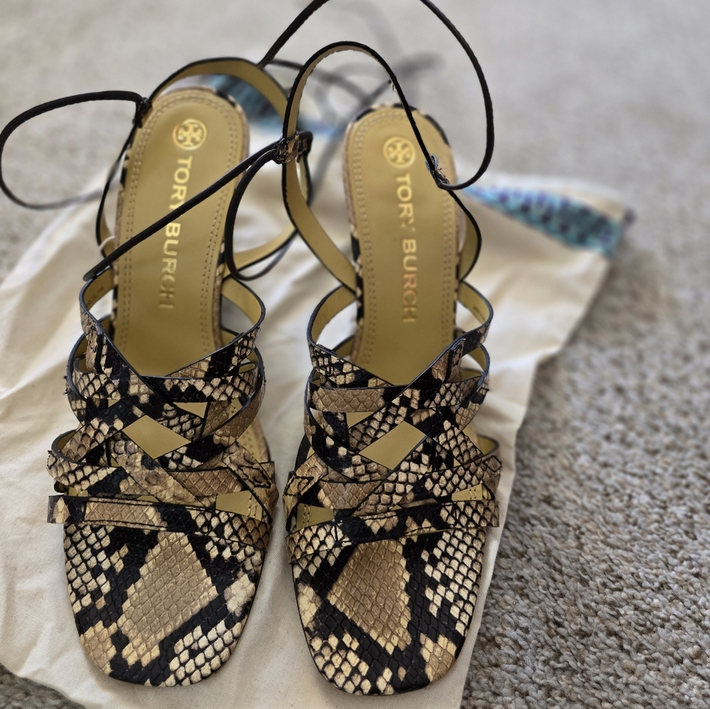 New Tory Burch Espadrille Wedge Wrap Sandal Snakeprint LTH 11 Pale Desert Roccia